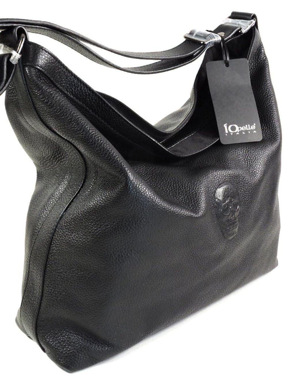 IO PELLE 🇮🇹 WOMEN'S BLACK SOFT LEATHER SMALL SKULL EMBOSSED HOBO HANDBAG